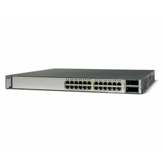 Cisco Catalyst 3750E 24-port Gigabit network switch front panel on white background
