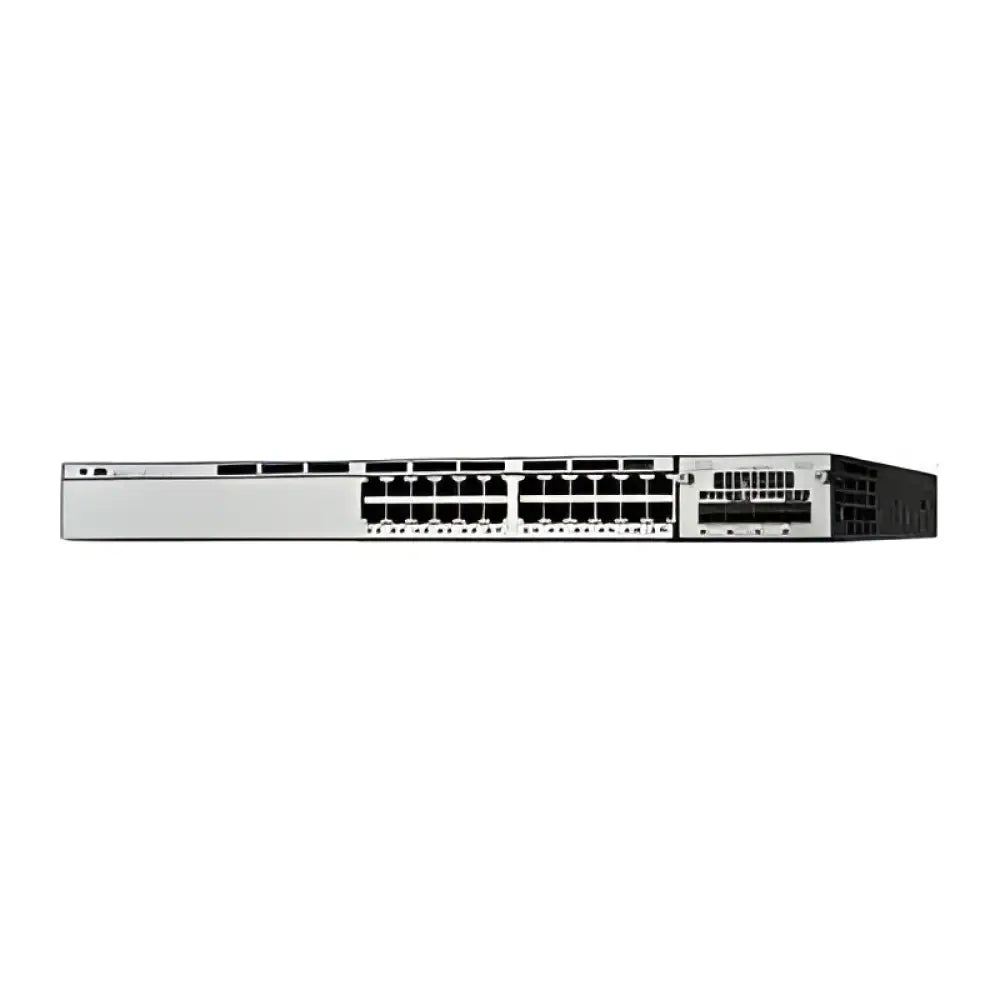 Cisco Catalyst C3750X 24-port PoE network switch front view, rackmount, silver and black