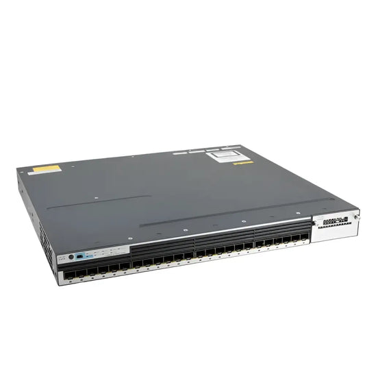Cisco Catalyst C3750X 24-port SFP network switch with metal casing, front ports visible