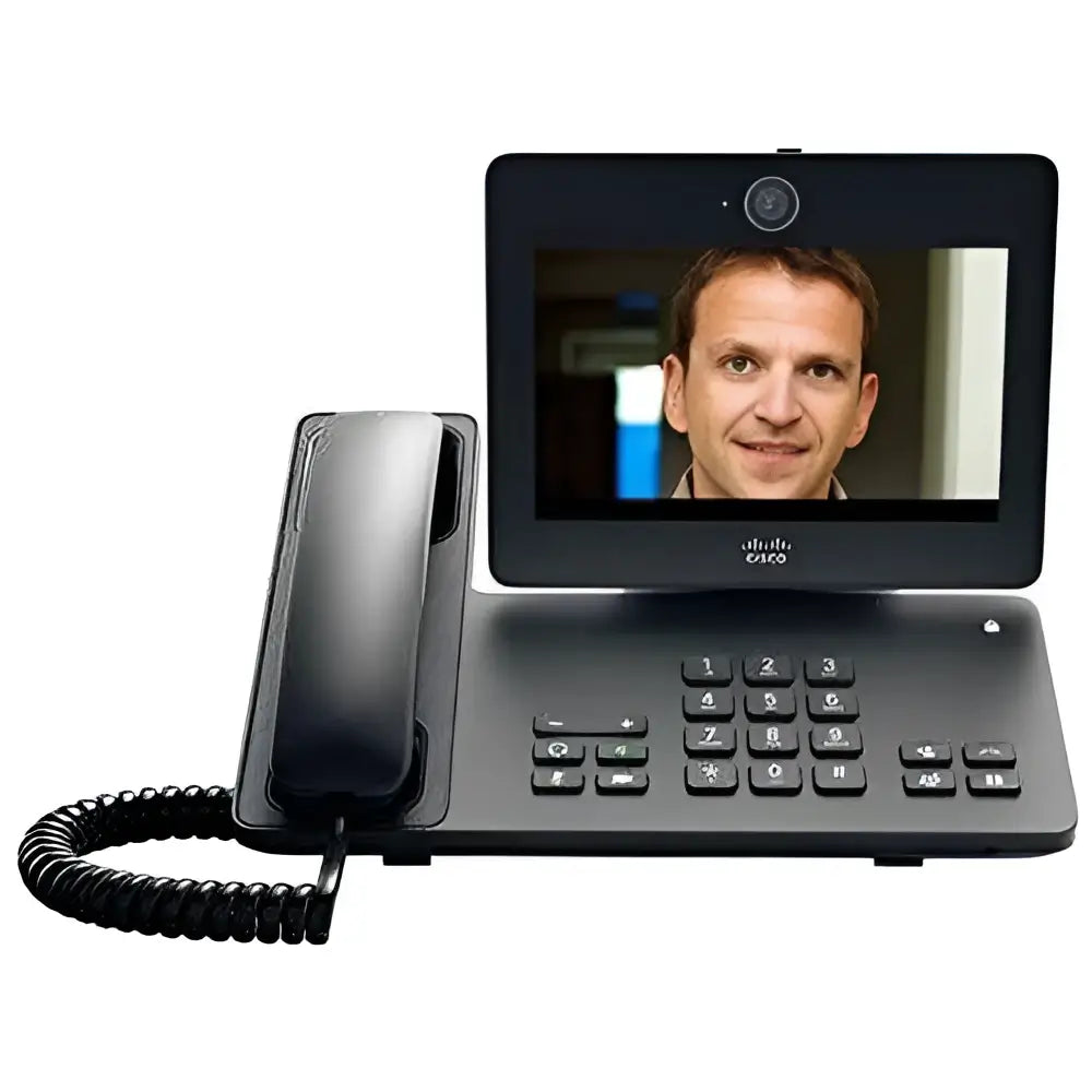Cisco DX650 video IP phone with screen displaying a man in a video call