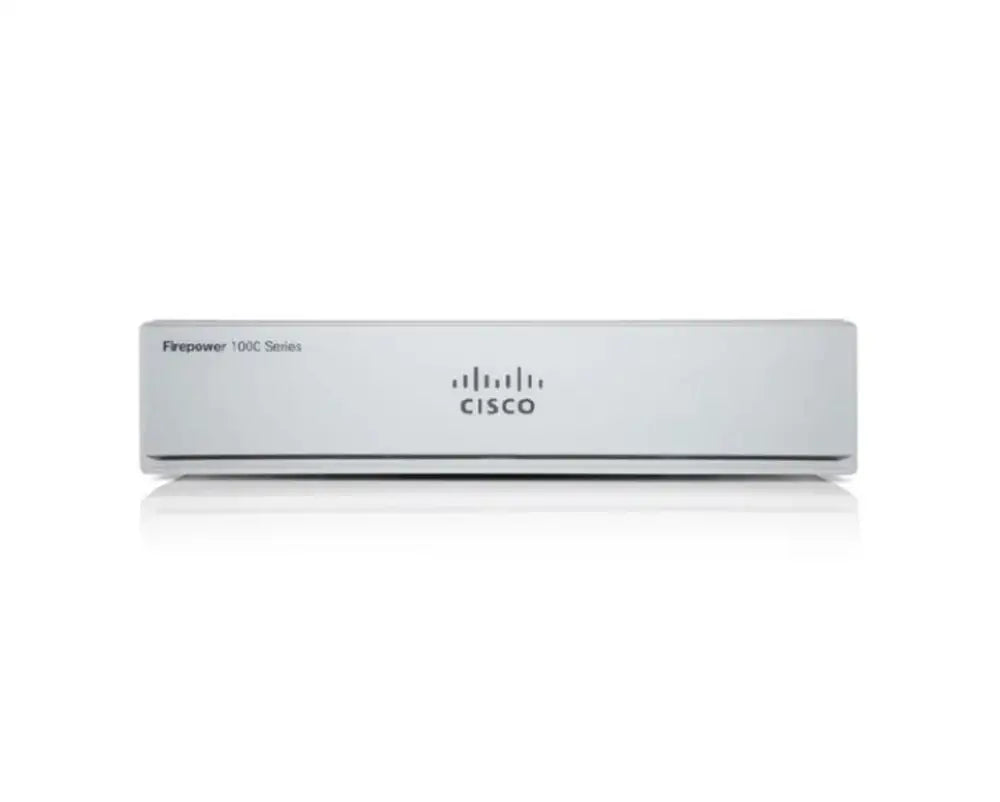 Front view of Cisco Firepower 100C Series firewall in silver on white background