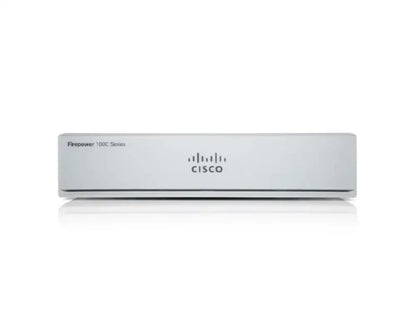 Front view of Cisco Firepower 100C Series firewall in silver on white background