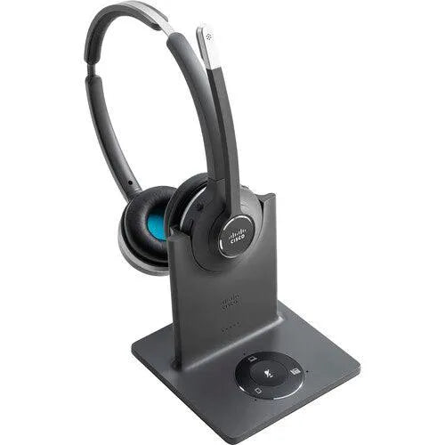 Cisco 562 wireless stereo on-ear headset on charging base, refurbished model