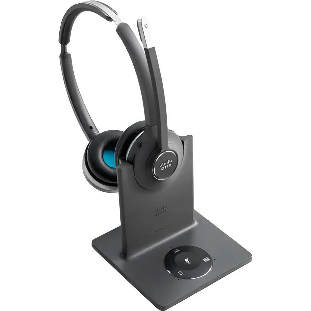 Cisco 562 wireless stereo on-ear headset on charging base, refurbished model