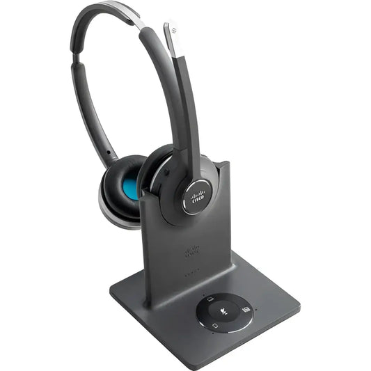 Cisco 562 wireless stereo on-ear headset on charging base, refurbished model