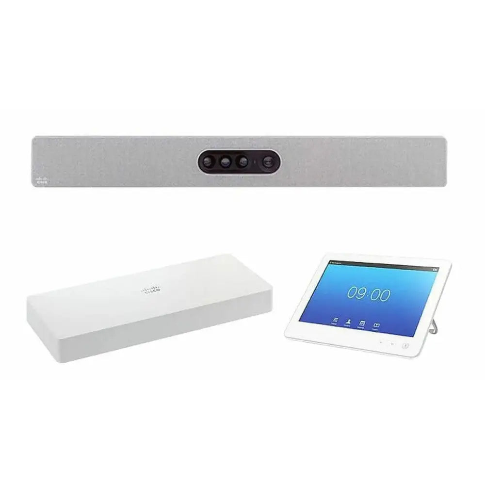Cisco Webex Room Kit Plus refurbished video conference kit with camera, touch controller, and codec module on white background