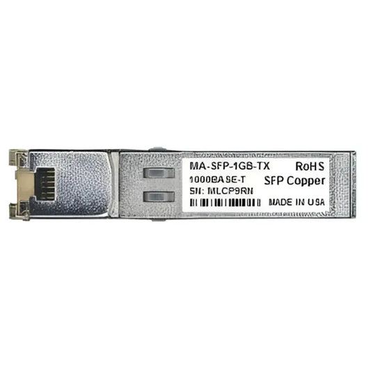 Cisco Meraki MA-SFP-1GB-TX 1GbE SFP copper module, labeled, network hardware close-up