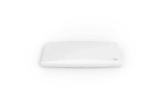 White Cisco Meraki wireless access point with logo, rectangular and minimal design on black background