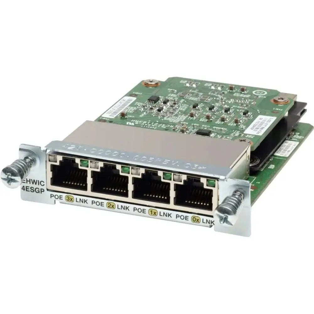 Cisco EHWIC-4ESGP 4-port gigabit Ethernet switch module, green PCB, front view