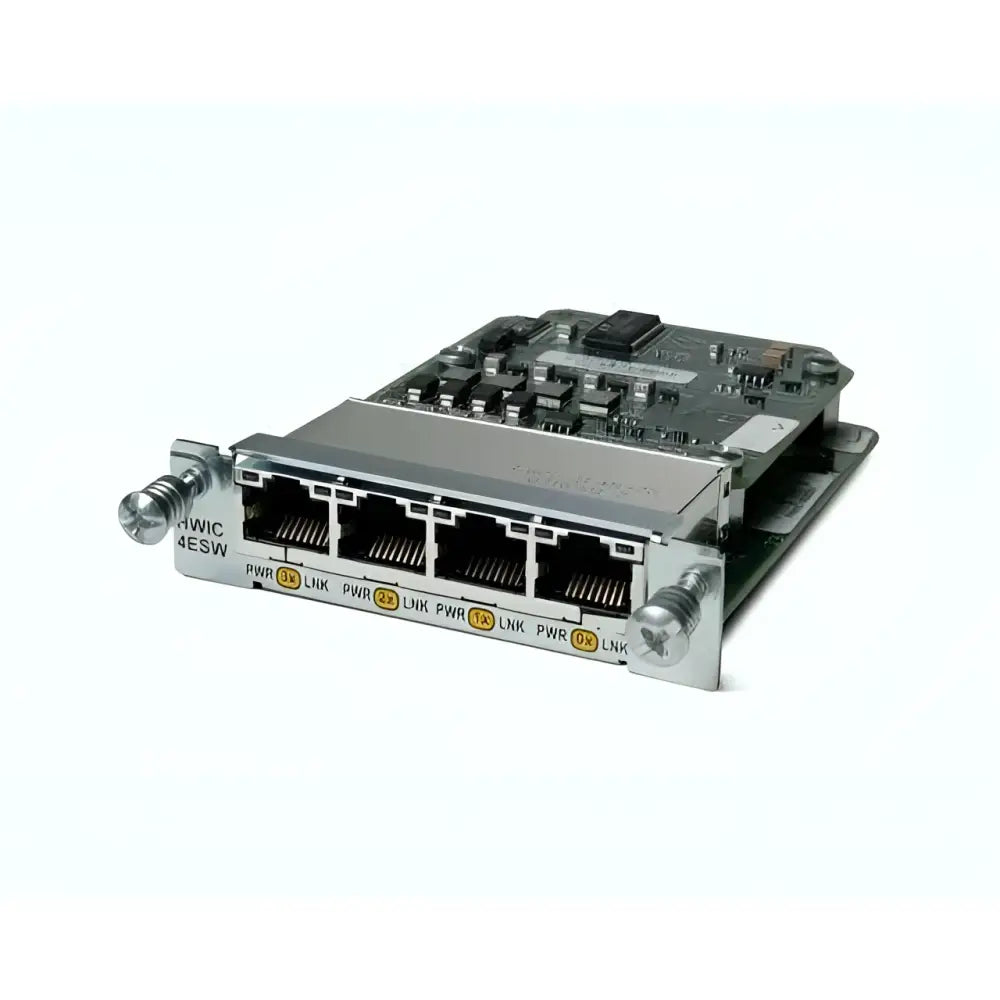 Cisco HWIC-4ESW-POE network module with four Ethernet ports and power LEDs