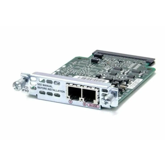 Cisco VIC2-2FXO voice interface card with two RJ-11 ports on white background