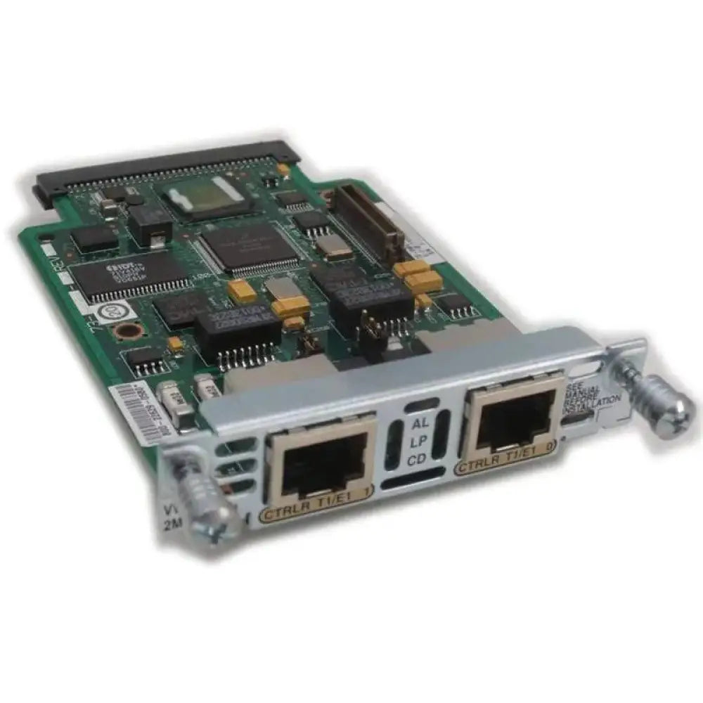 Cisco VWIC3-2MFT-T1/E1 network module with dual RJ-45 ports and circuit board on white background