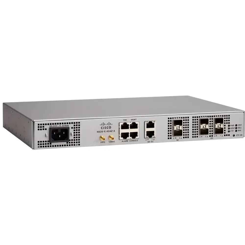 Cisco NCS 520 network switch rear view with multiple Ethernet and SFP ports, AC power input