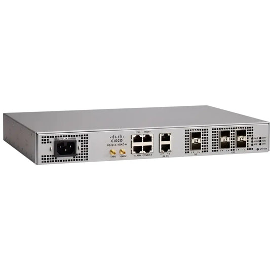 Cisco NCS 520 network switch rear view with multiple Ethernet and SFP ports, AC power input