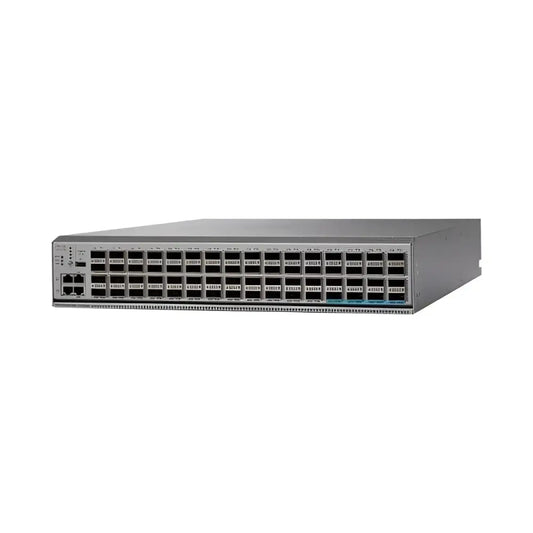 Cisco Nexus 9200 56-port QSFP network switch front view, silver, refurbished model