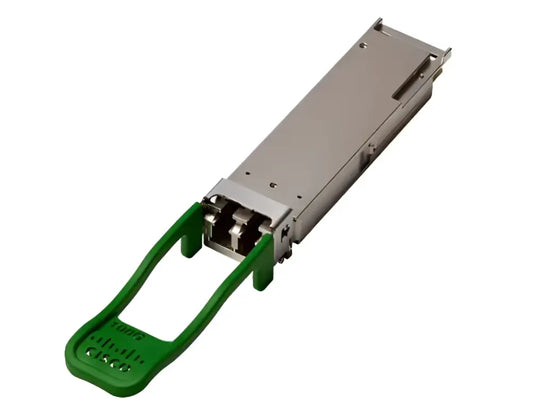 Cisco QSFP-100G-CWDM4-S optical transceiver with green pull-tab, plain background