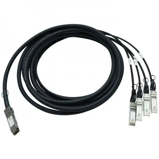 Cisco QSFP-4X10G 10m direct attach breakout cable with four connectors on white background
