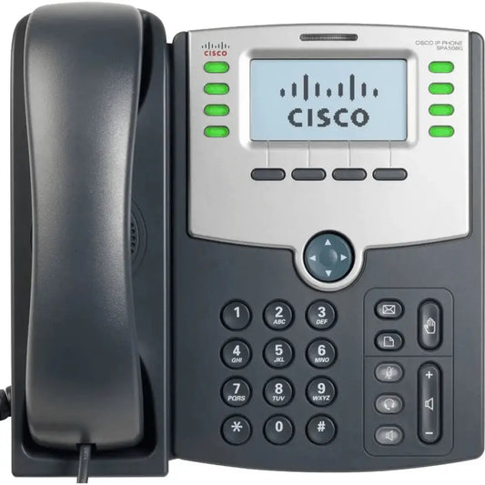 Cisco SPA508G small business IP phone with handset, display screen, and keypad