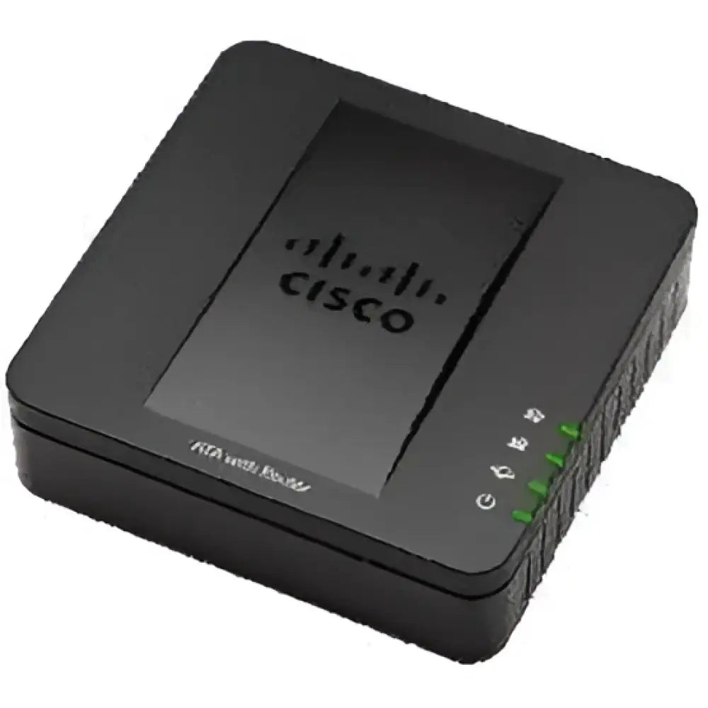 Cisco SPA122 2-Port FXS analog gateway device with LED indicators, black, top view