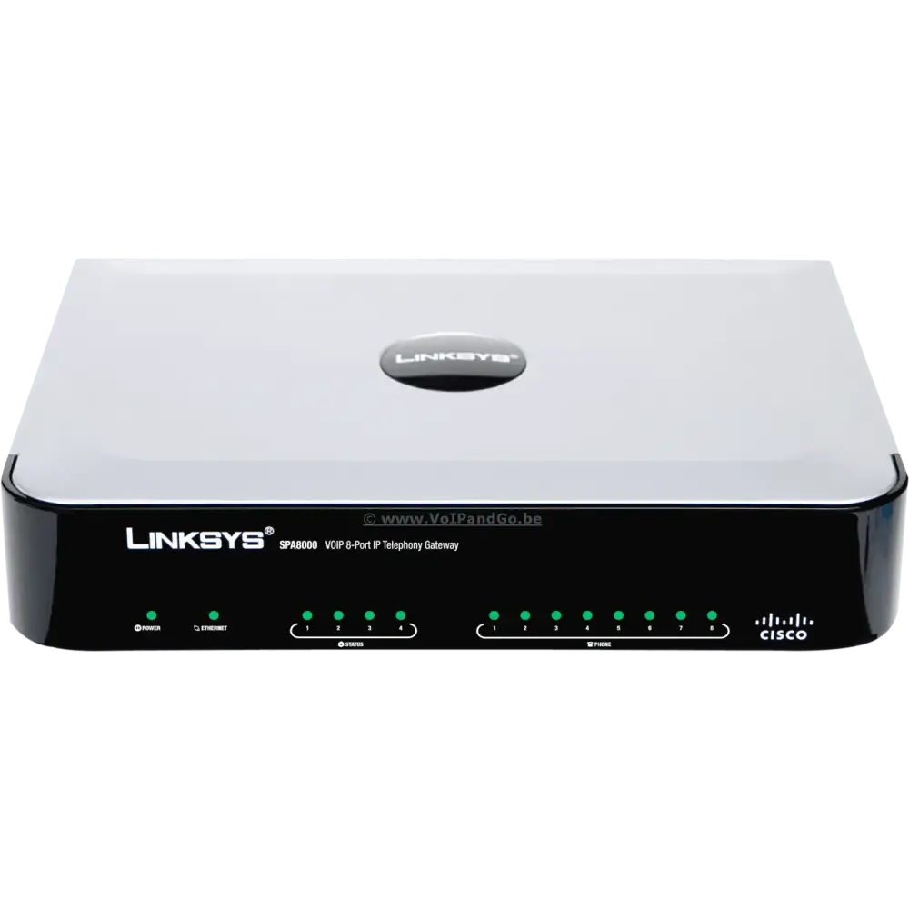 Linksys SPA8000 8-port FXS analog gateway by Cisco with LED indicator lights, front view