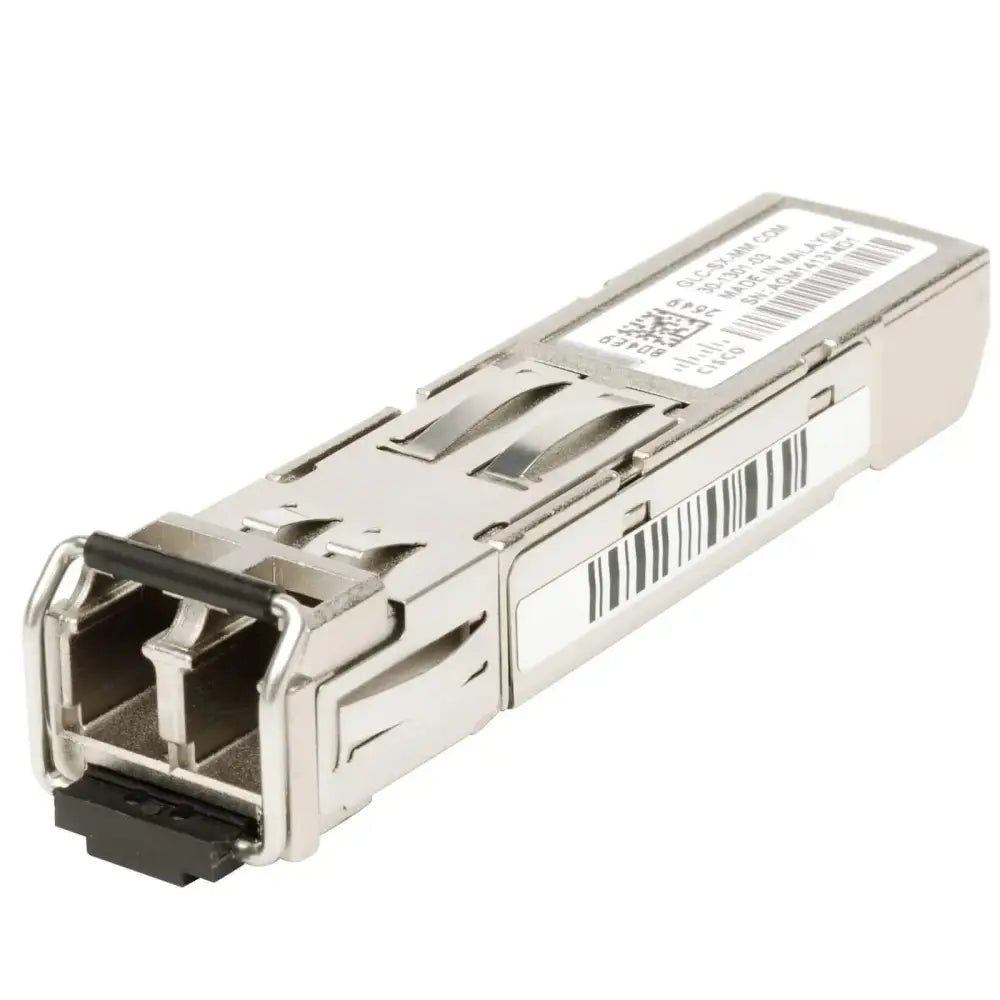Cisco SX multimode fiber SFP module with barcode label on white background