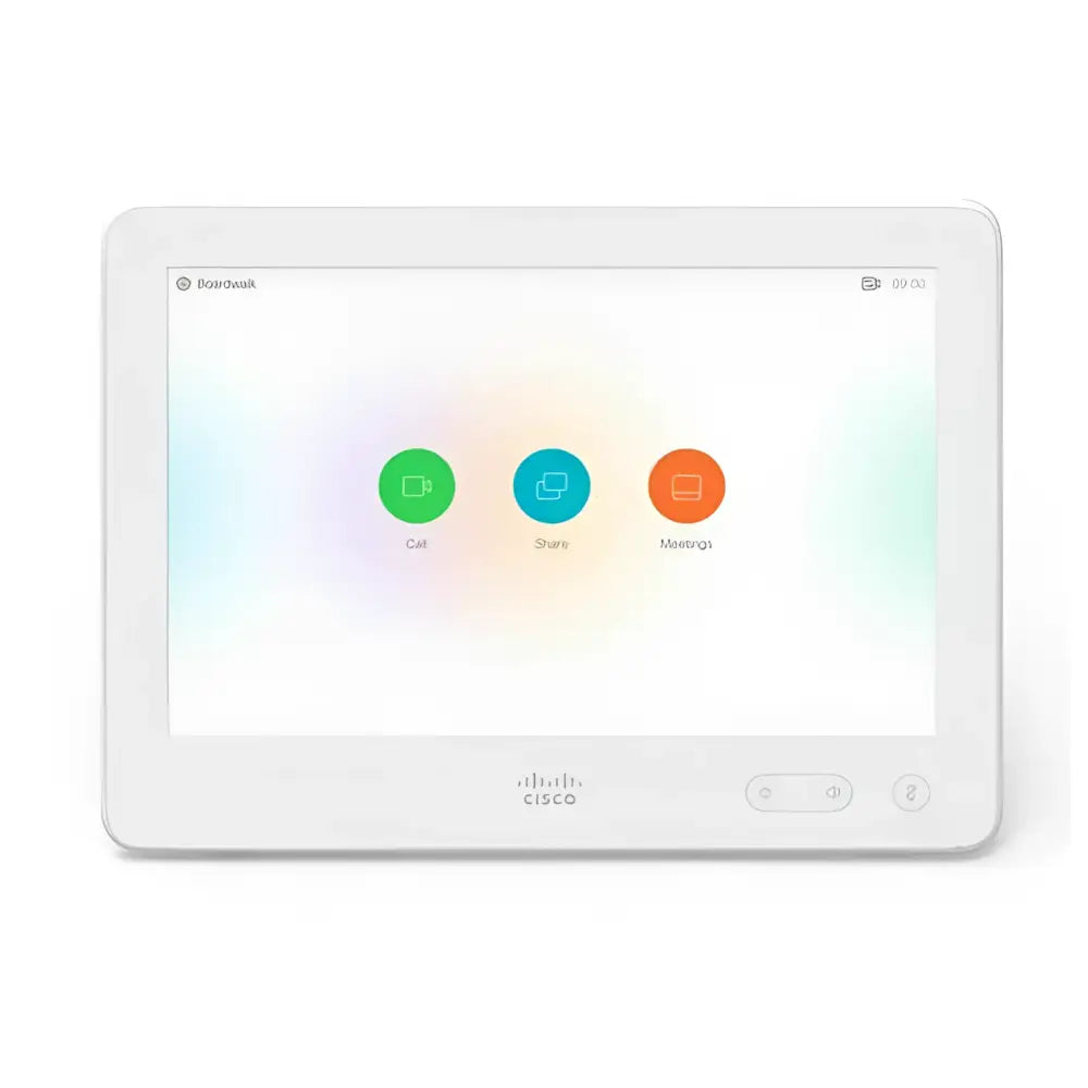 Cisco Touch 10 control unit for Webex Room Kit with call, share, and meetings icons on screen