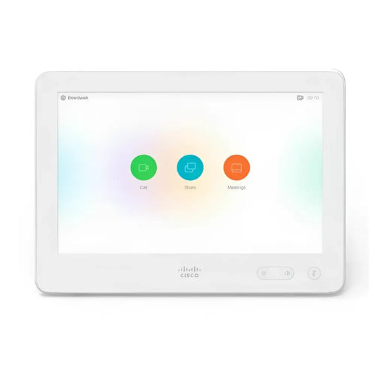 Cisco Touch 10 control unit for Webex Room Kit with call, share, and meetings icons on screen