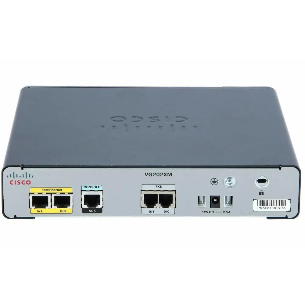 Cisco VG202XM 2-port voice gateway refurbished, rear panel with ports and labels