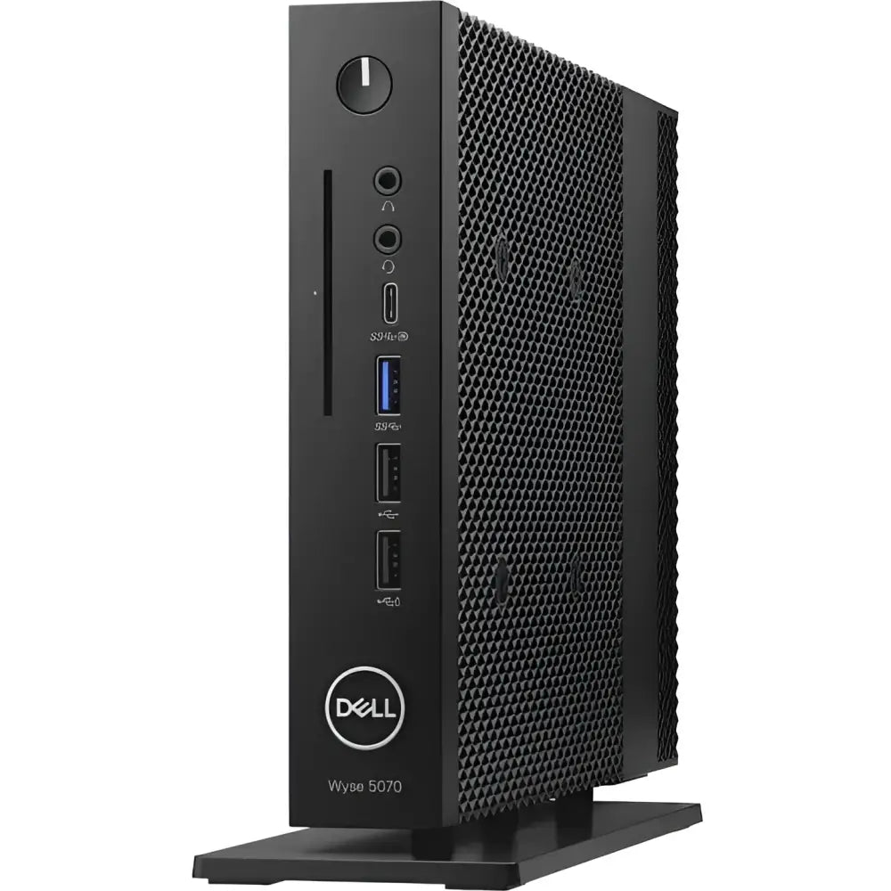 Dell Wyse 5070 thin client desktop, front view showing ports and Dell logo