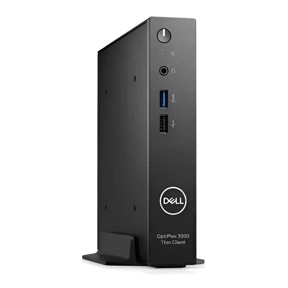 Dell OptiPlex 3000 Thin Client black desktop with front USB ports, shown on a stand