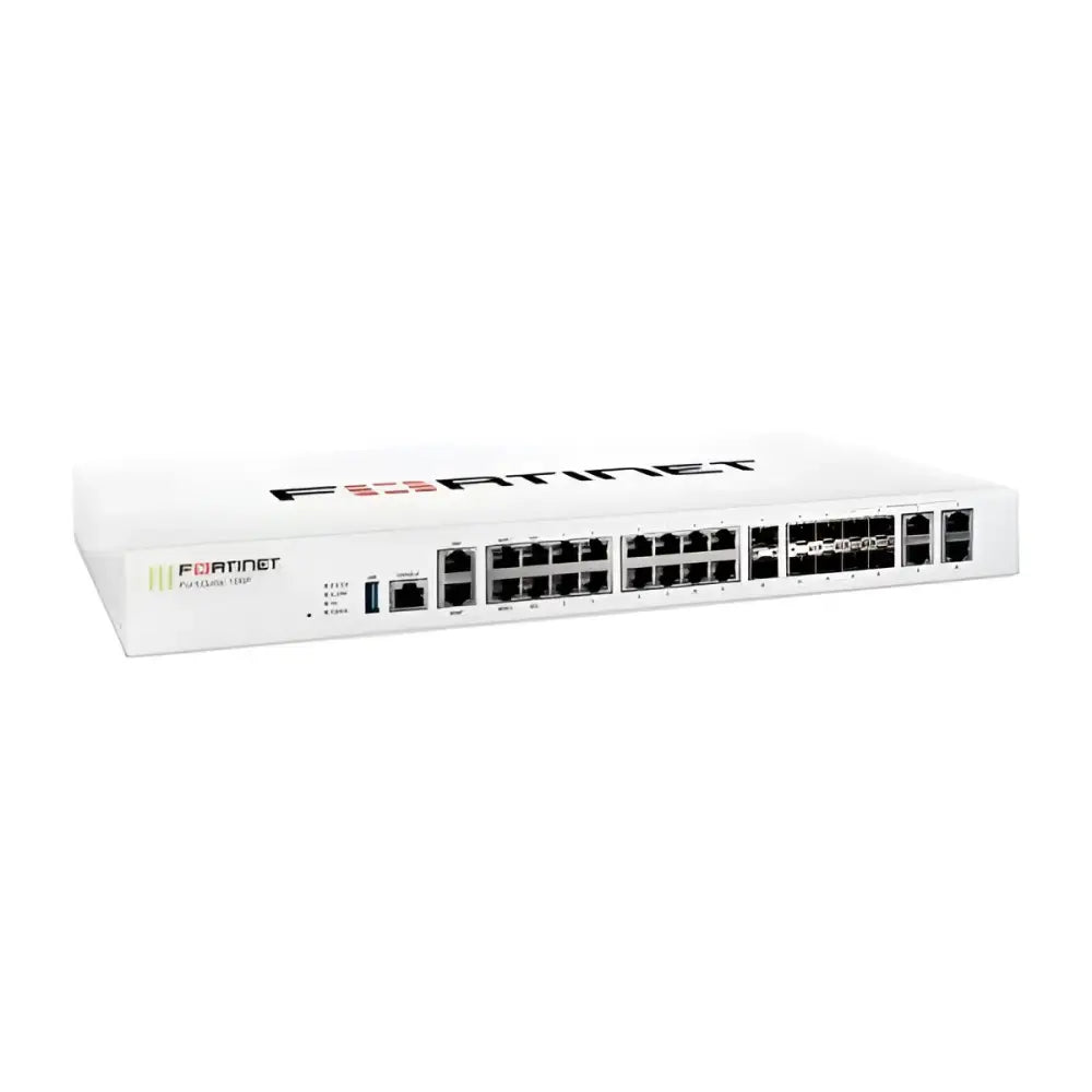 Fortinet FortiGate 100F 22-port security appliance refurbished, front view, white chassis