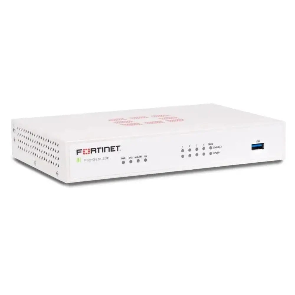 Fortinet FortiGate 30E 5-port security appliance with LED indicators and USB port