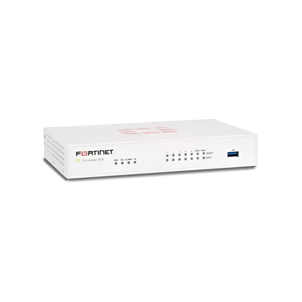Fortinet FortiGate 50E 7-port security appliance in white, front panel with indicator lights
