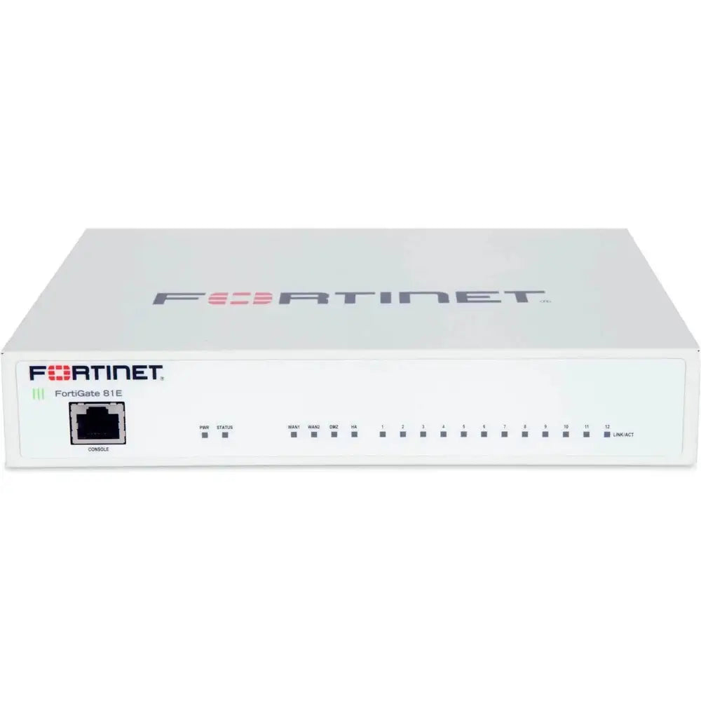 Fortinet FortiGate 81E 12-port security appliance front view, white, with LED indicators