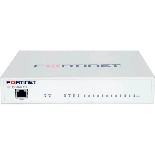 Fortinet FortiGate 81E 12-port security appliance front view, white, with LED indicators