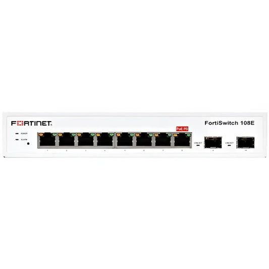 Fortinet FortiSwitch 108E PoE 8-port gigabit network switch refurbished, front view