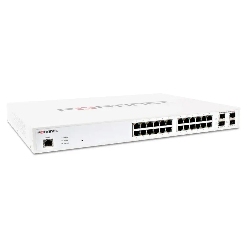 Fortinet FortiSwitch 124E 24-port gigabit switch refurbished, front view, white casing