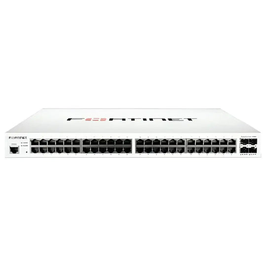 Fortinet FortiSwitch 148E 48-port PoE gigabit switch front view, refurbished model