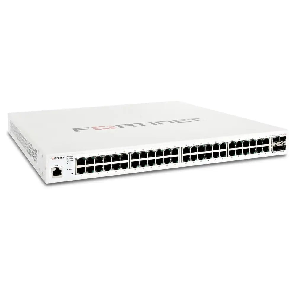 Fortinet FortiSwitch 248E-FPoE 48-port gigabit PoE network switch, white, front view