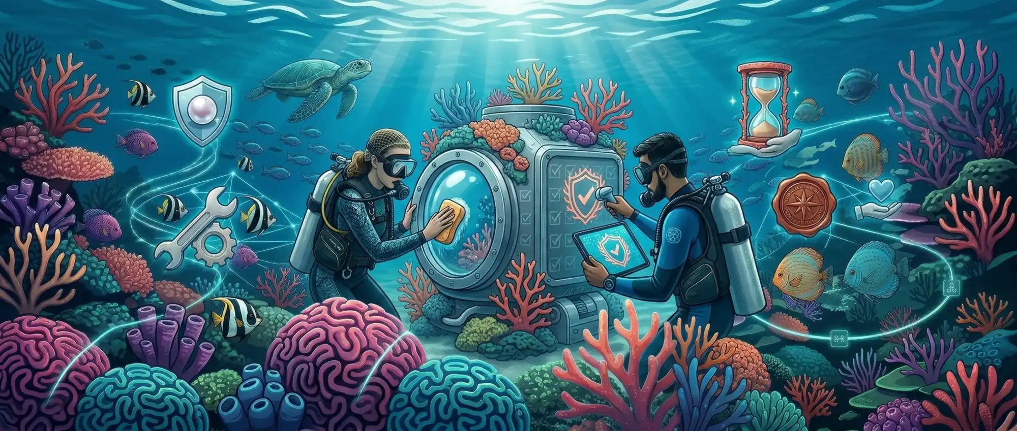A futuristic, metallic blue underwater vault with glowing cyan accents and a transparent circular door.