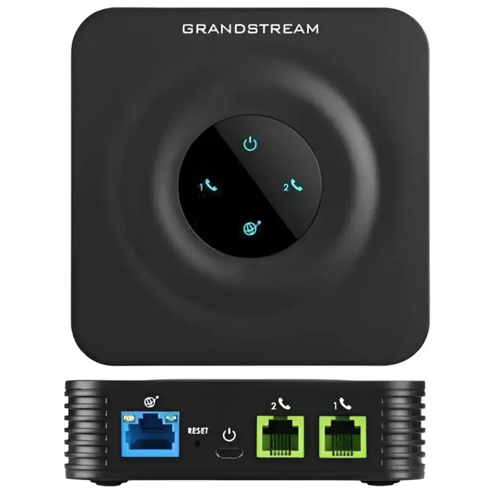 Grandstream HT802 2-port analog telephone adapter with front LED lights and rear Ethernet ports
