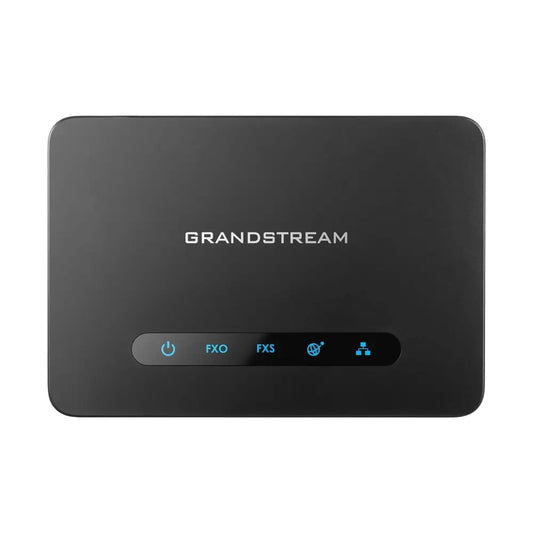 Grandstream HT813 hybrid ATA with FXS and FXO ports, black top view, LED indicators