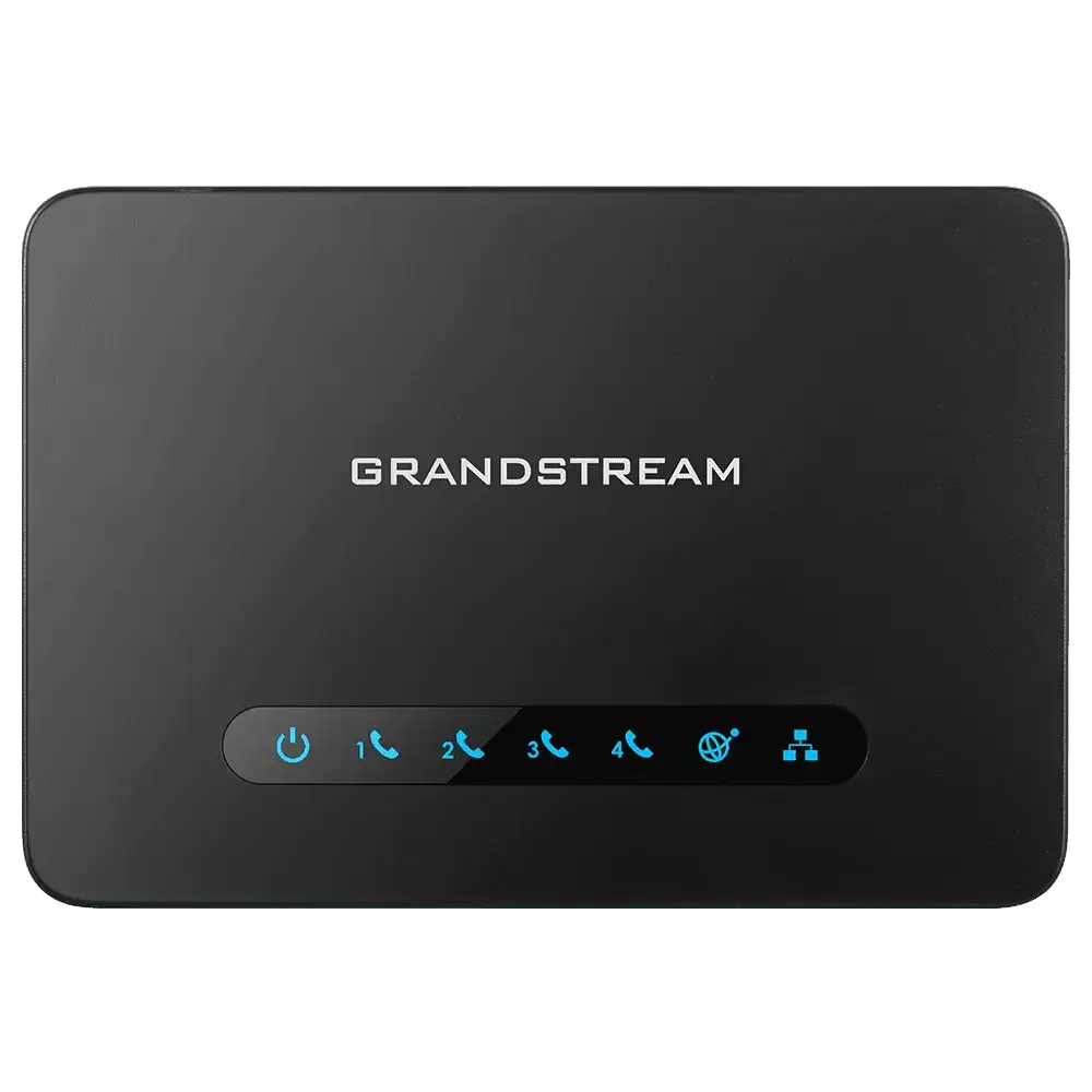 Grandstream HT814 V2 black 4-port ATA device with blue LED indicators and branding