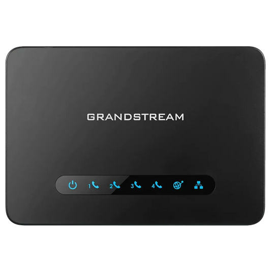 Grandstream HT814 V2 black 4-port ATA device with blue LED indicators and branding