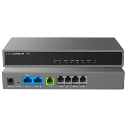 Grandstream HT841 2-port GigE router ATA with 4 FXO and 1 FXS ports, front and back view