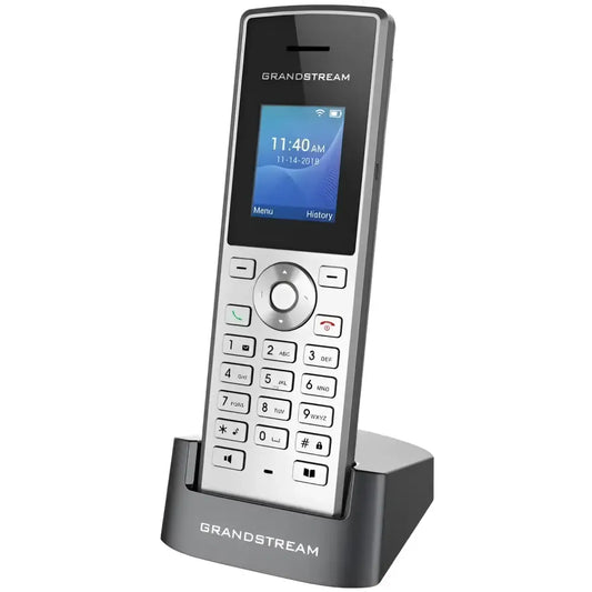 Grandstream WP810 black portable WiFi VoIP phone on charging dock with display screen