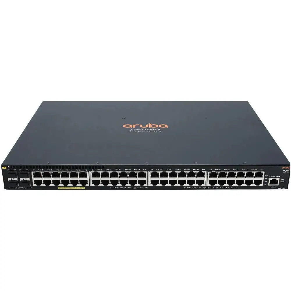HP Aruba 2930F 48-port network switch front view with multiple Ethernet ports