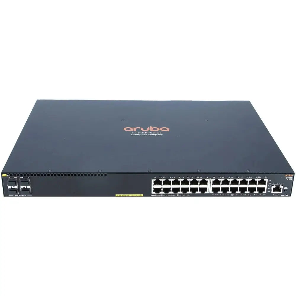 HP Aruba 2930F 24-port PoE 4SFP network switch front view, refurbished