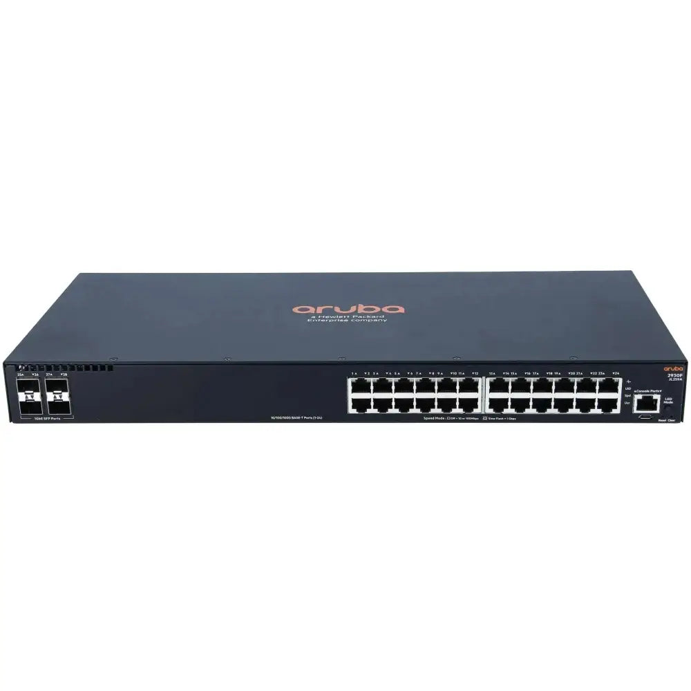HP Aruba 2930F 24G 4SFP JL259A refurbished network switch front view with ports visible