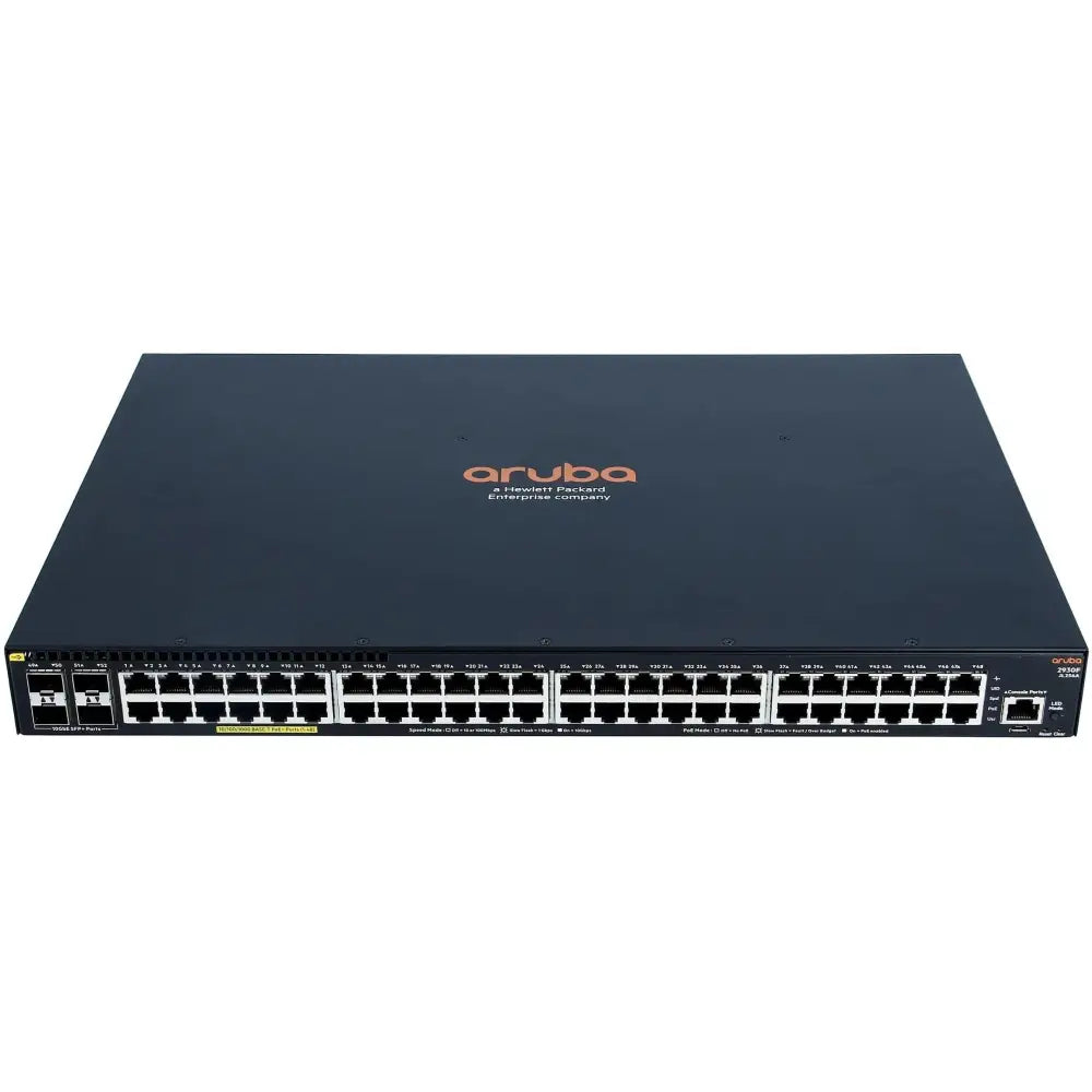 HP Aruba 2930F 48G PoE 4SFP network switch, front view with Ethernet ports and SFP slots